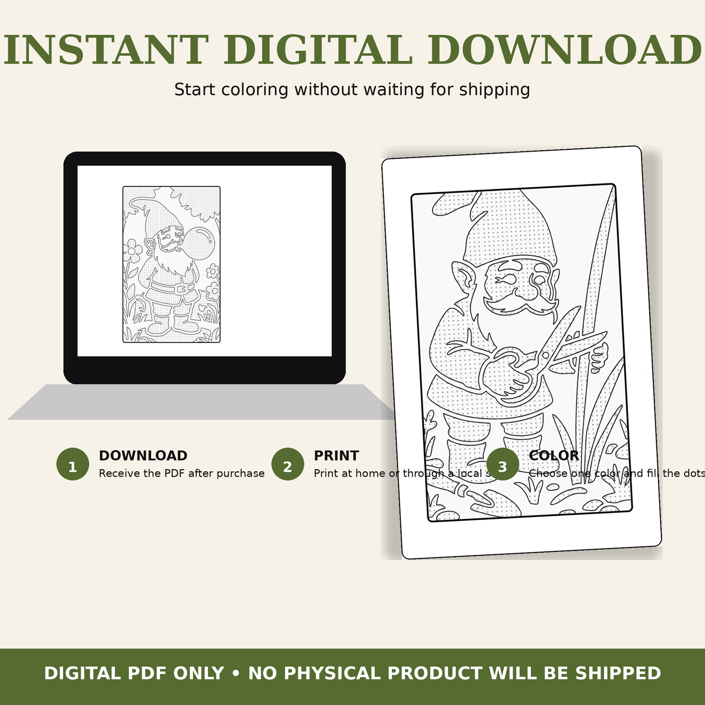 Promotional graphic for an instant digital download coloring page. It shows a laptop displaying a black-and-white gnome coloring page next to a larger colored gnome coloring page with step-by-step instructions: 1 Download, 2 Print, 3 Color.