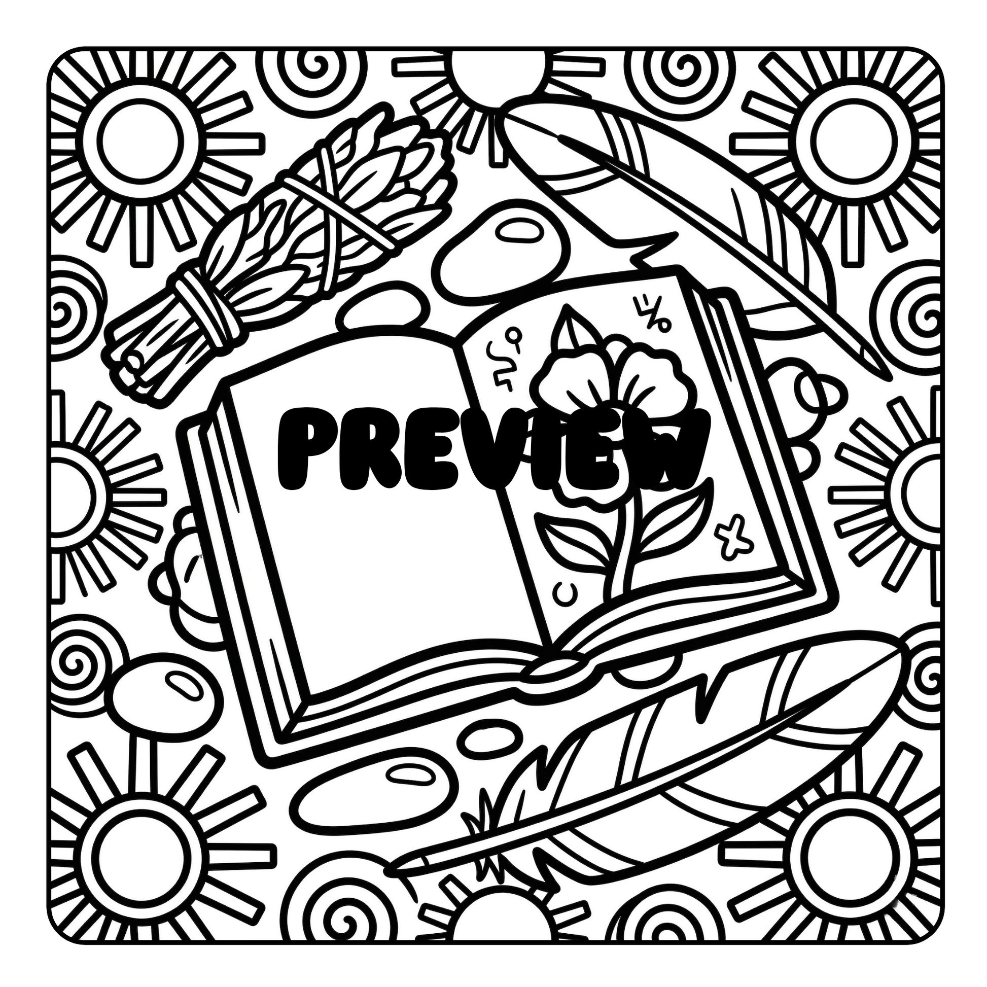 Coloring book page with 'PREVIEW' text, flowers, and decorative elements on a black and white patterned background.