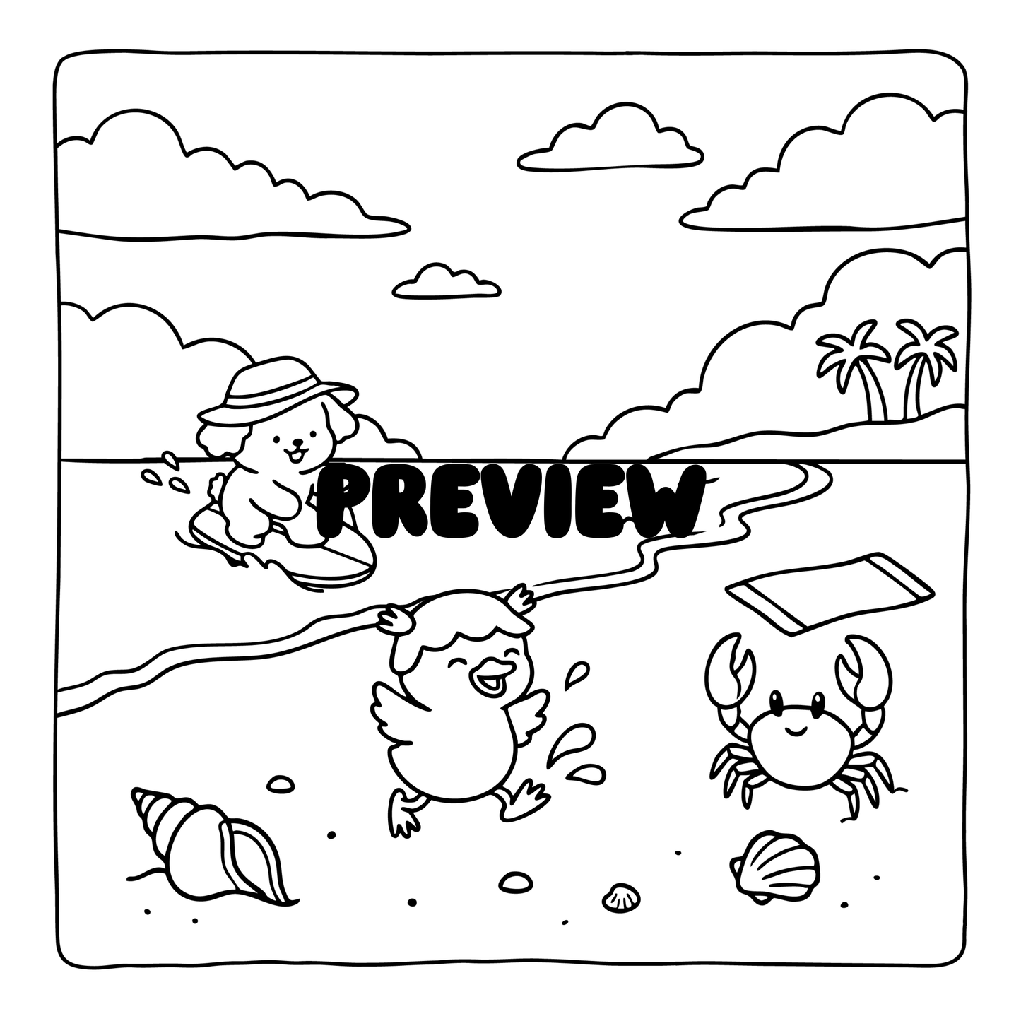 Interior preview pages from 'Beach Vacation Cozy Coloring Book for Adults' — printable digital PDF coloring book by CMH Publishing
