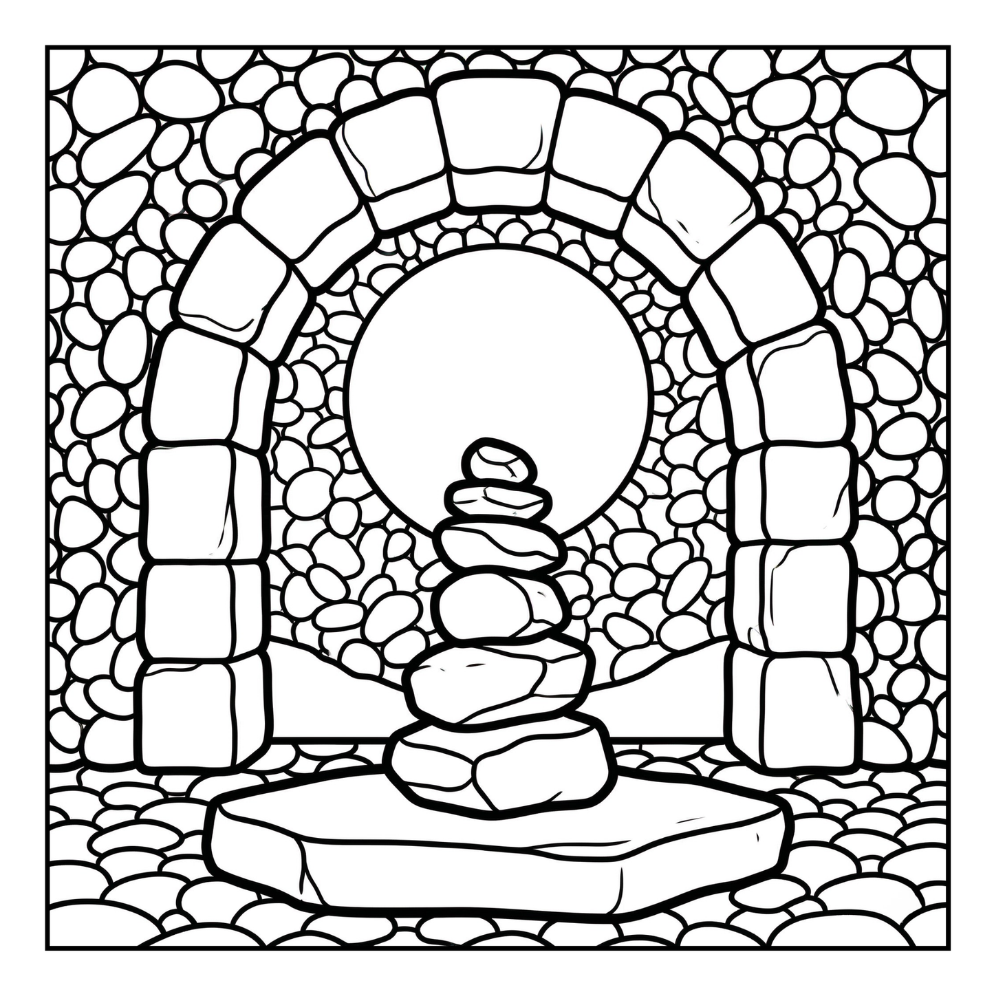 Black and white illustration of a stone archway with stacked stones in the center.