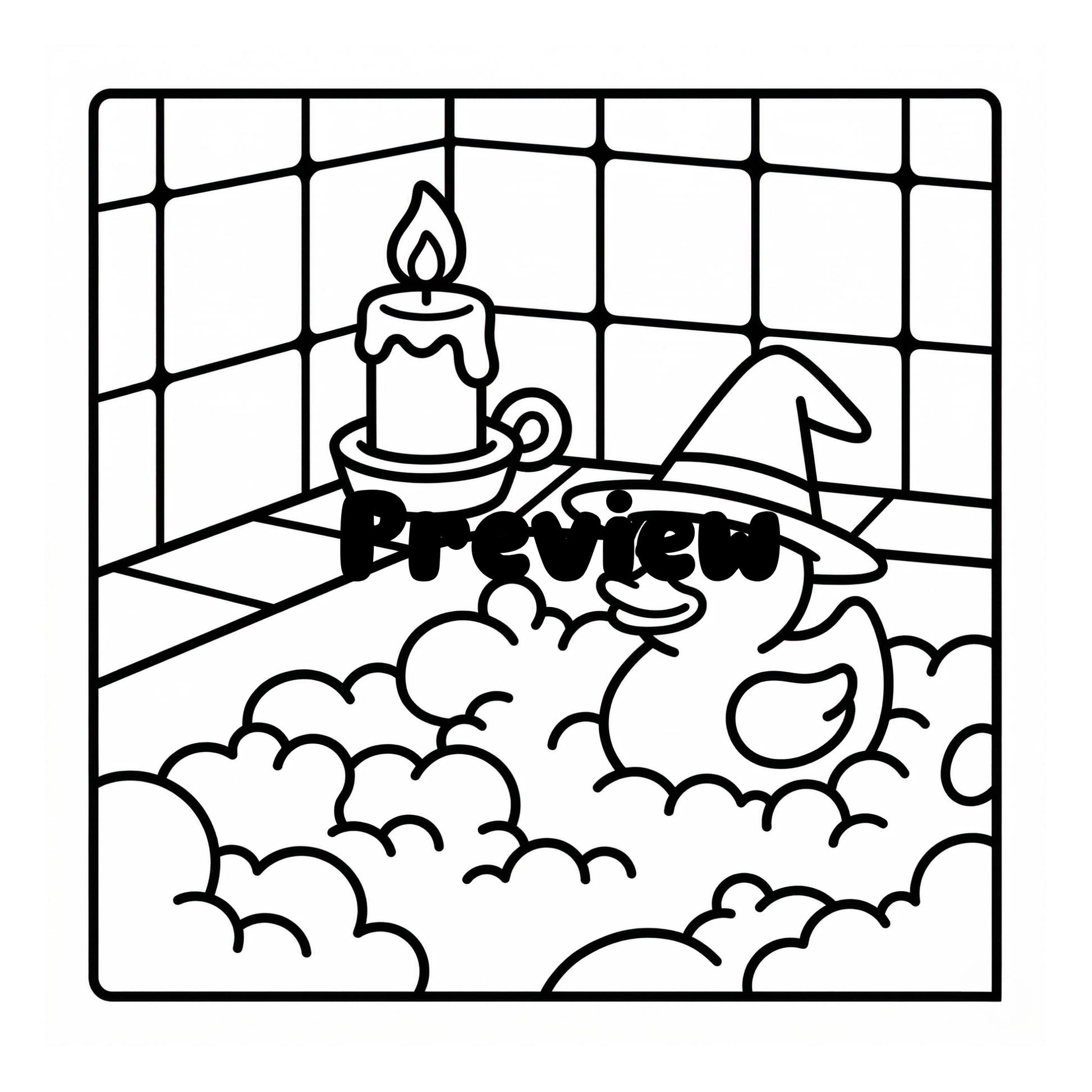 Black and white illustration of a duck in a bathtub with bubbles and a candle, labeled 'Preview'.