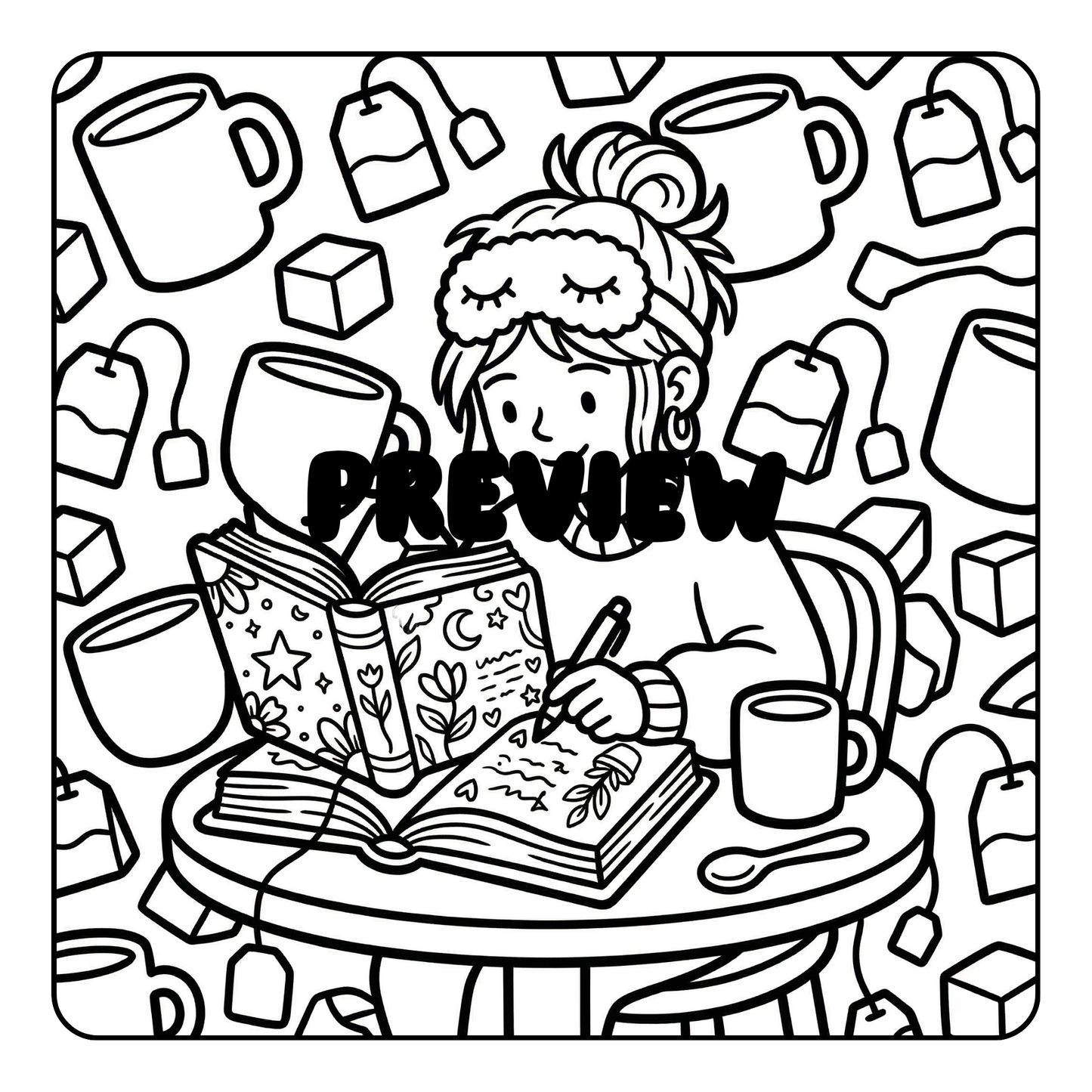 Black and white illustration of a person reading a book with coffee cups and tea bags in the background, featuring the word 'PREVIEW'.