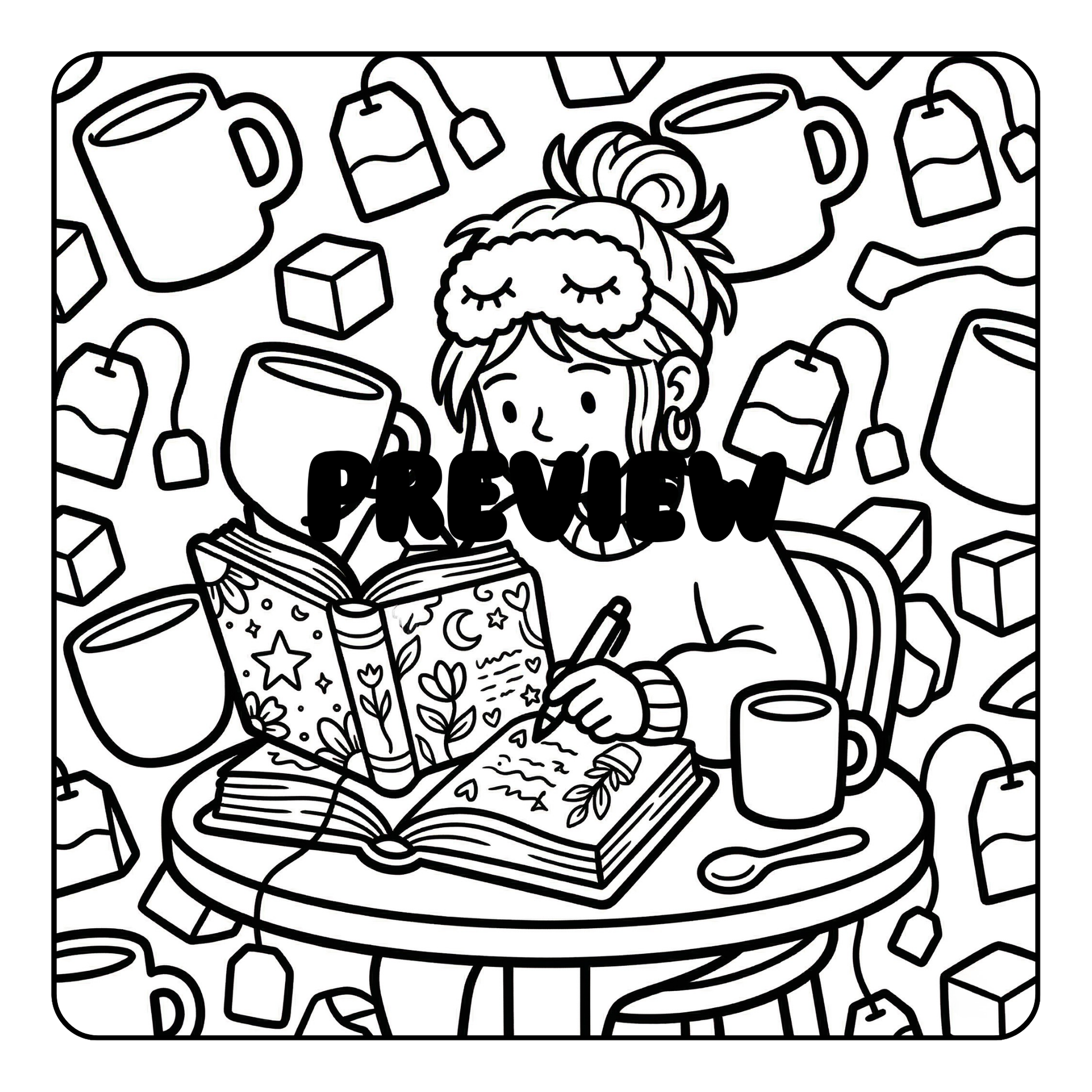 Black and white illustration of a person reading a book with coffee cups and tea bags in the background, featuring the word 'PREVIEW'.