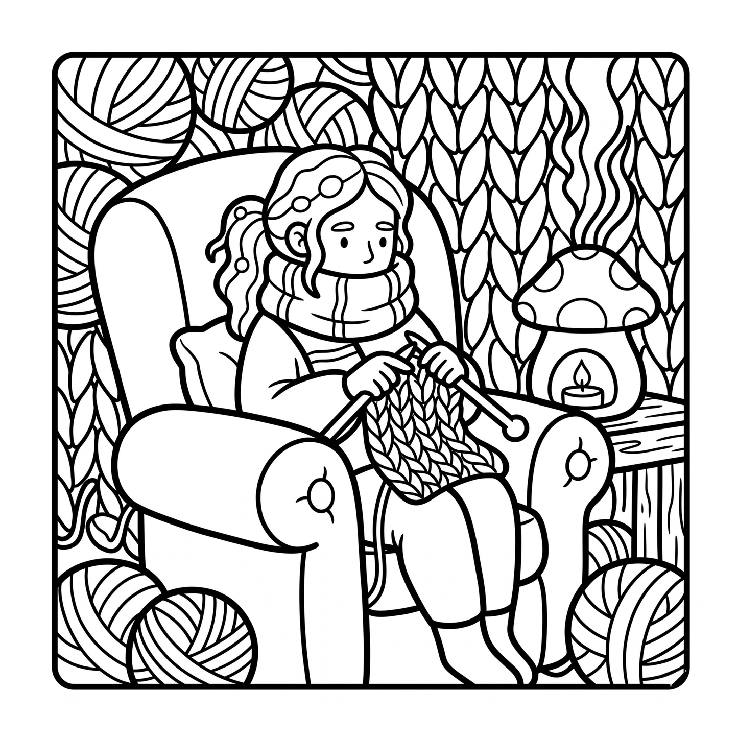 Black and white illustration of a person knitting in a cozy setting with yarn and a lantern.