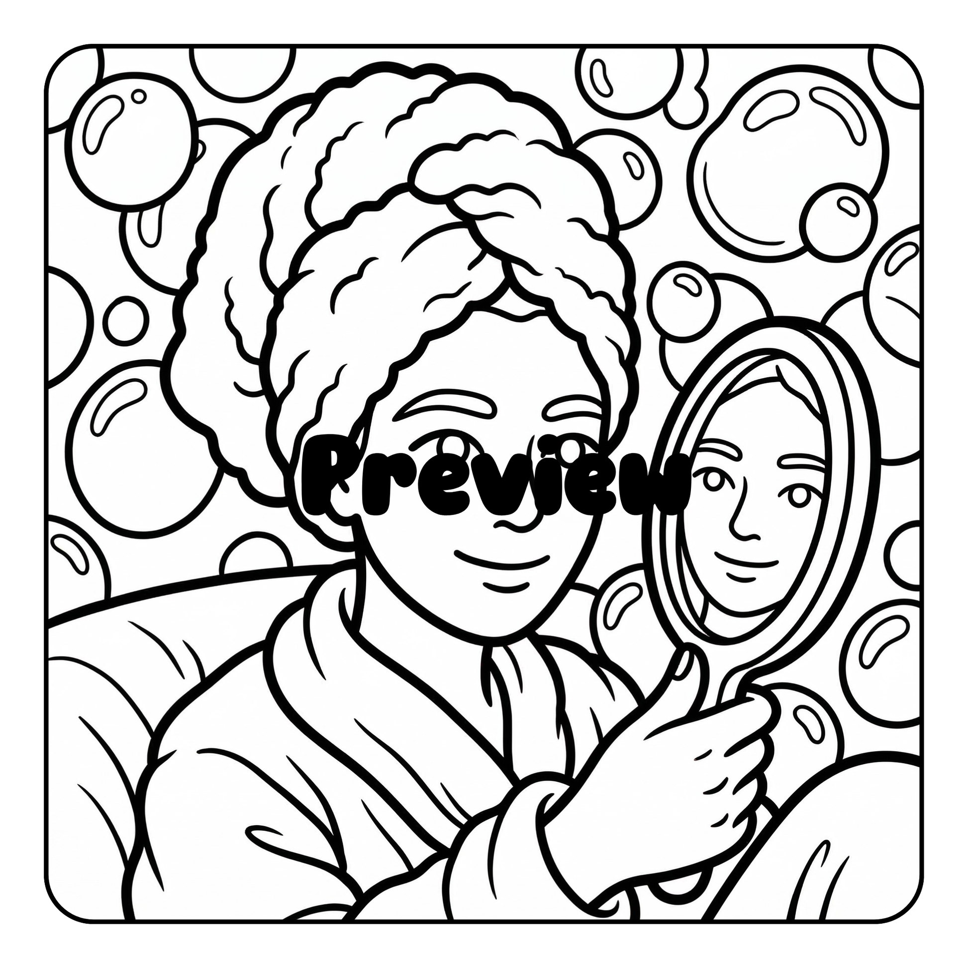 Black and white illustration of a person with a towel on their head looking at themselves in a mirror, surrounded by bubbles.