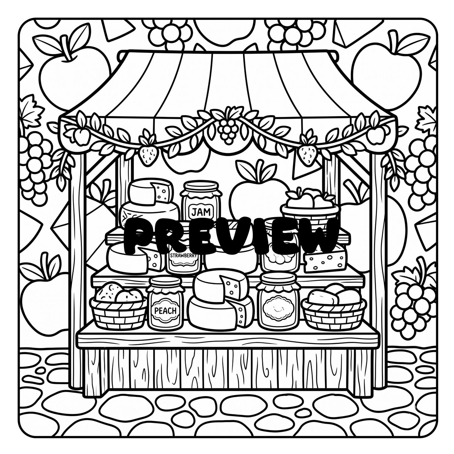 Cozy Coloring Book Market Mornings, Thick Lines, 30 Printable Pages, Digital PDF