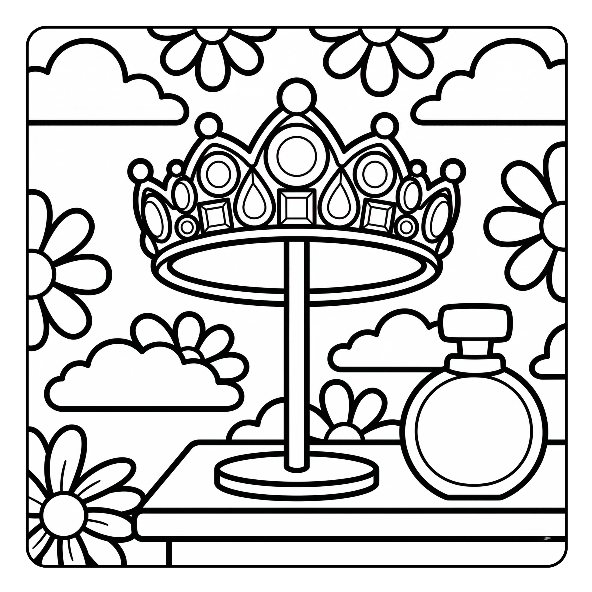 Black and white illustration of a crown on a stand with flowers and clouds in the background