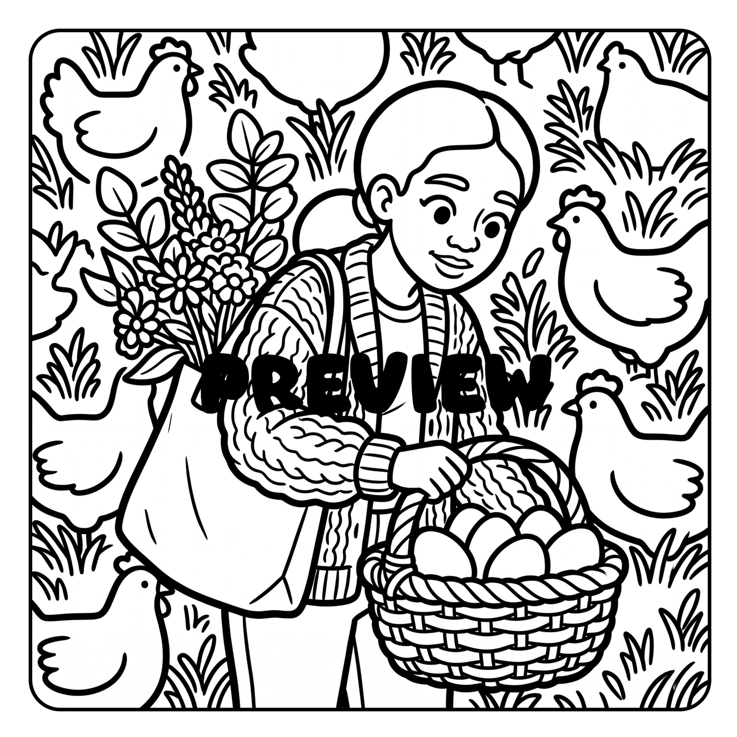 Cozy Coloring Book Market Mornings, Thick Lines, 30 Printable Pages, Digital PDF