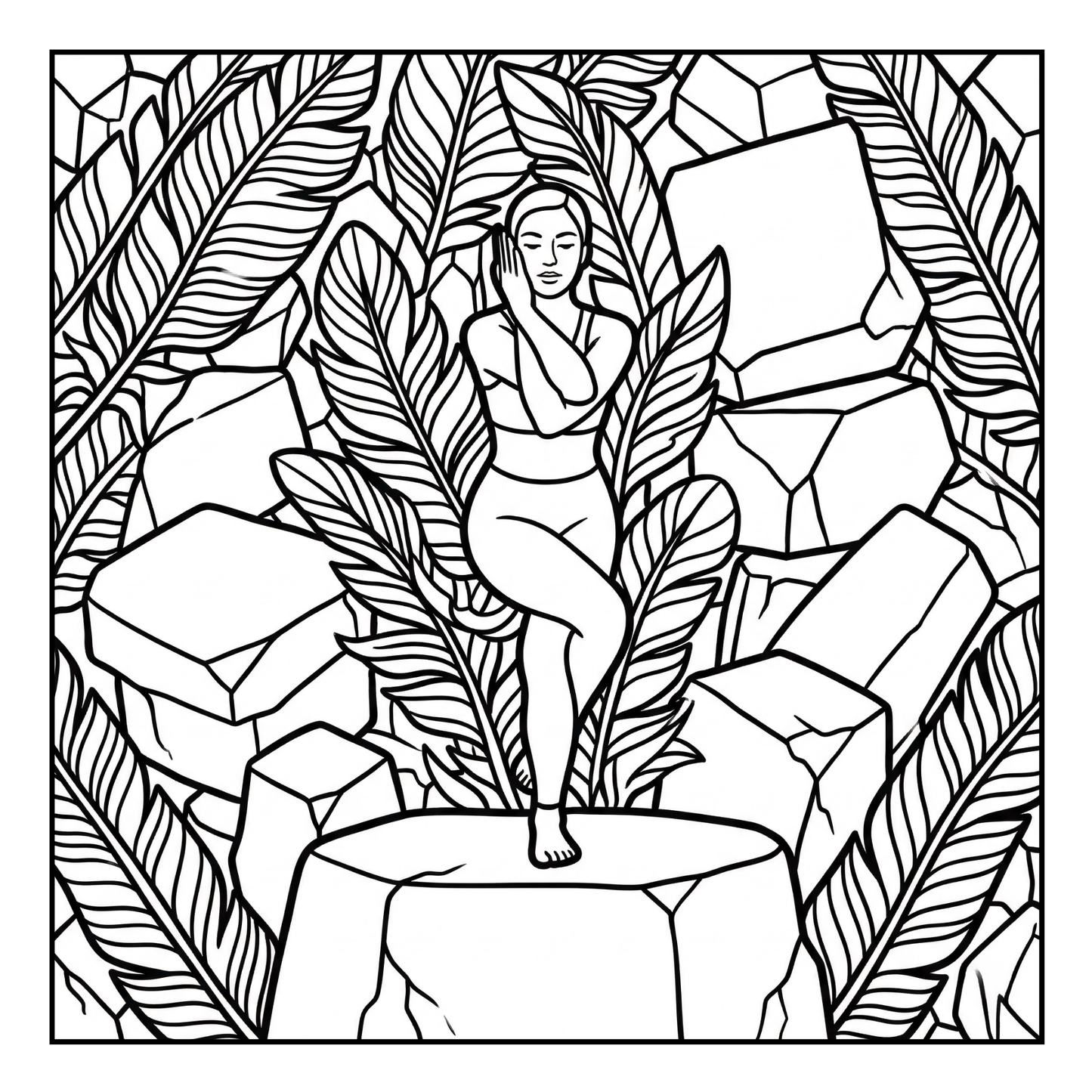 Black and white illustration of a woman in a yoga pose among rocks and leaves