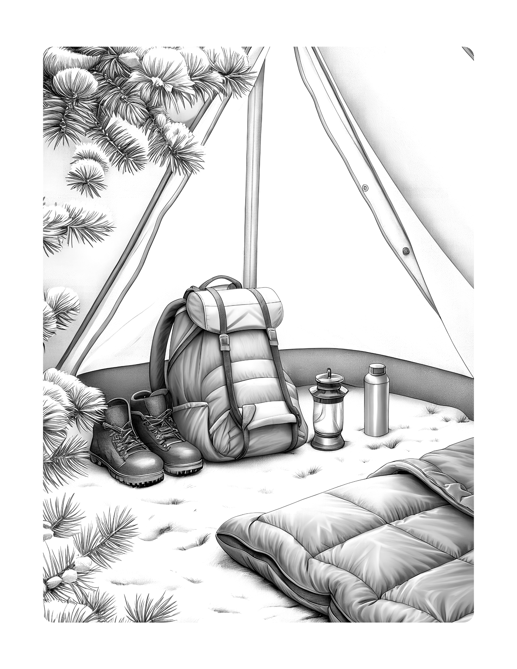 Greyscale coloring page of camping gear inside a tent with trees and snow outside.