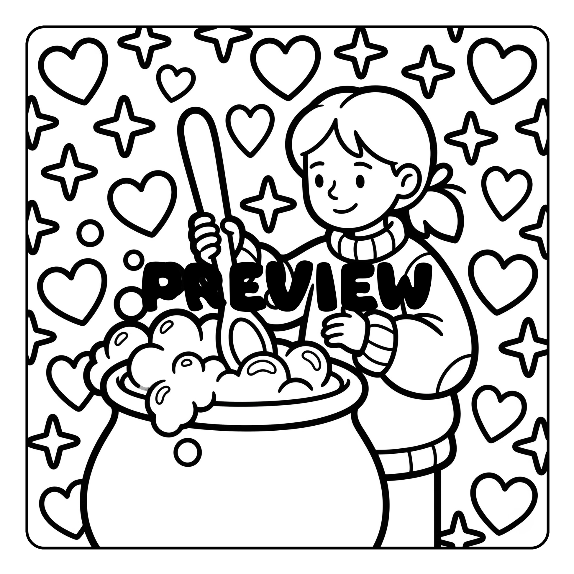 Black and white illustration of a boy with a pot of gold, surrounded by hearts and stars, with 'PREVIEW' text.