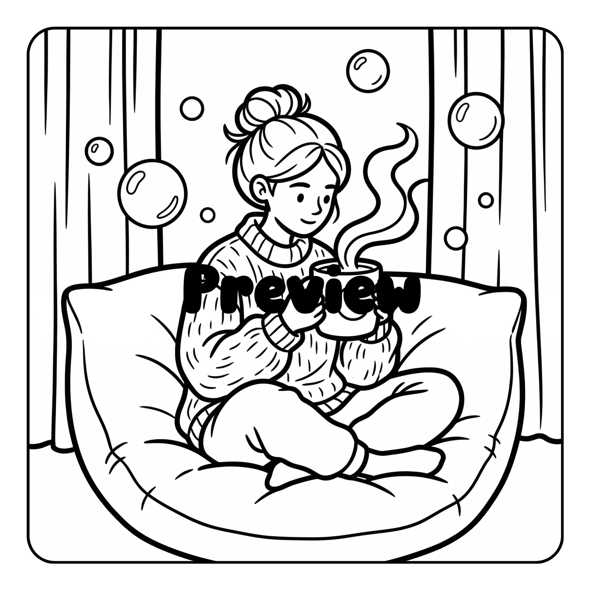 Black and white illustration of a person sitting on a couch with a steaming cup, surrounded by bubbles.