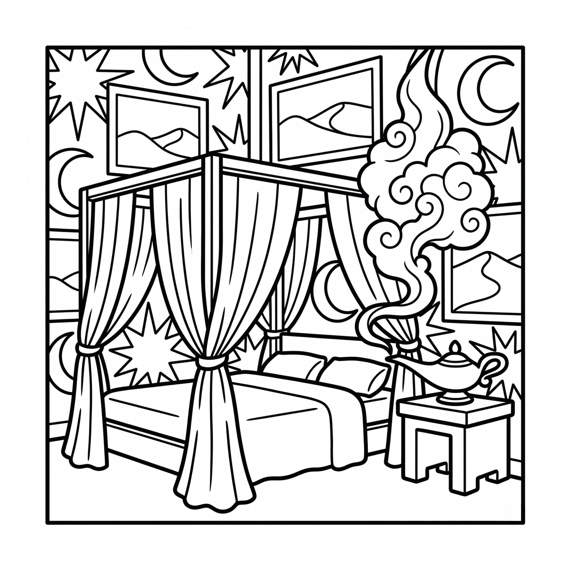 Black and white line drawing of a bedroom with a canopy bed, nightstands, and artwork.