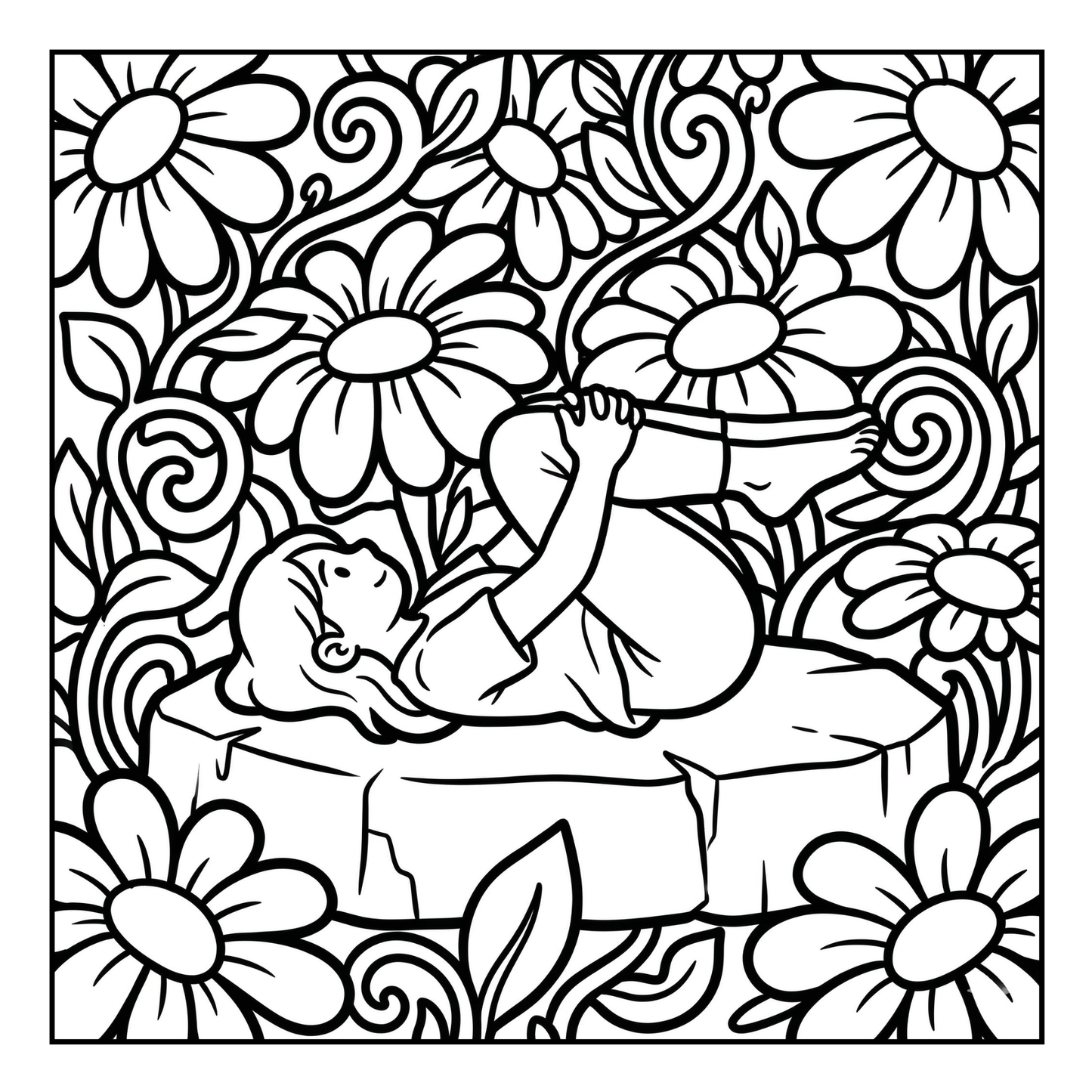 Black and white illustration of a woman in a yoga stretch on a stone bench among flowers and leaves.