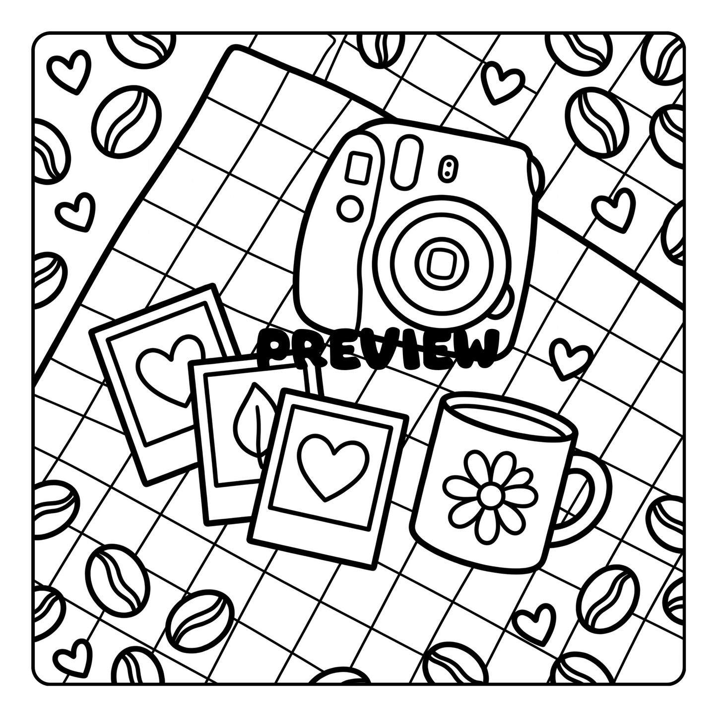 Black and white illustration of a camera, mug, and photo frames on a grid background with coffee beans and hearts by CMH Publishing.