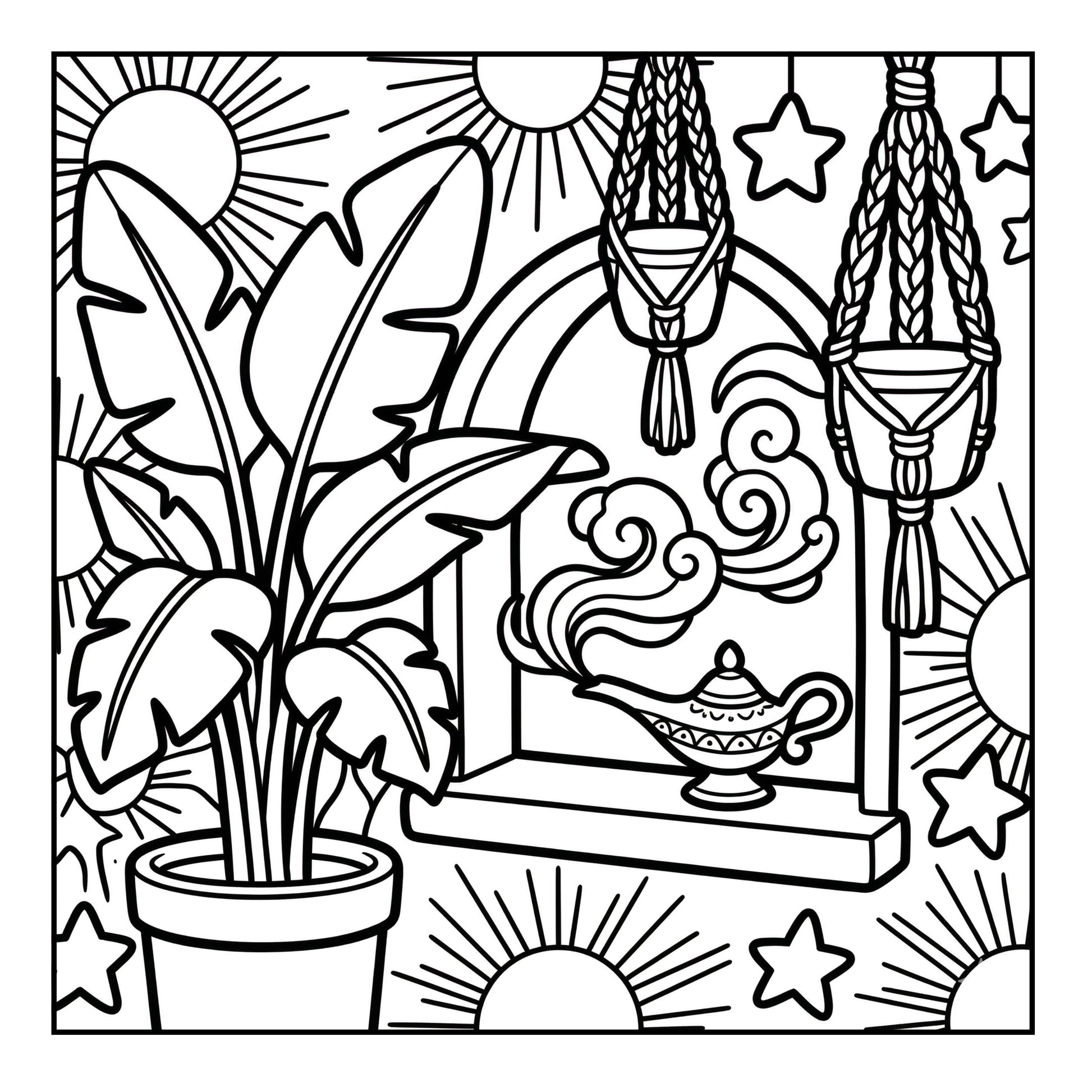 Coloring page with a genie lamp, plant, and decorative elements.