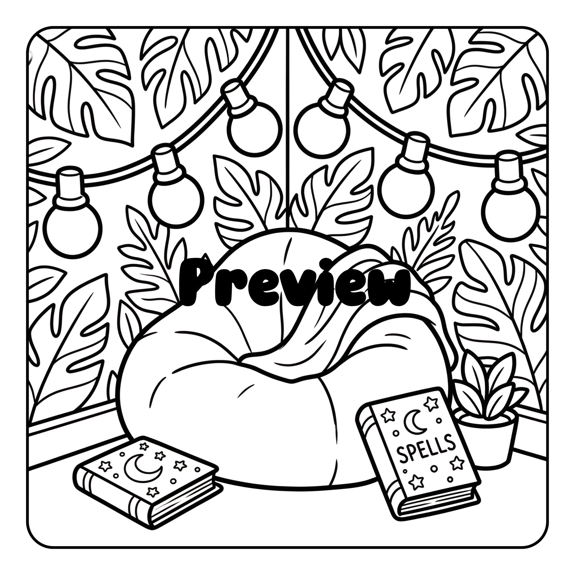 Black and white illustration of a cozy reading nook with plants and books, labeled 'Preview'.