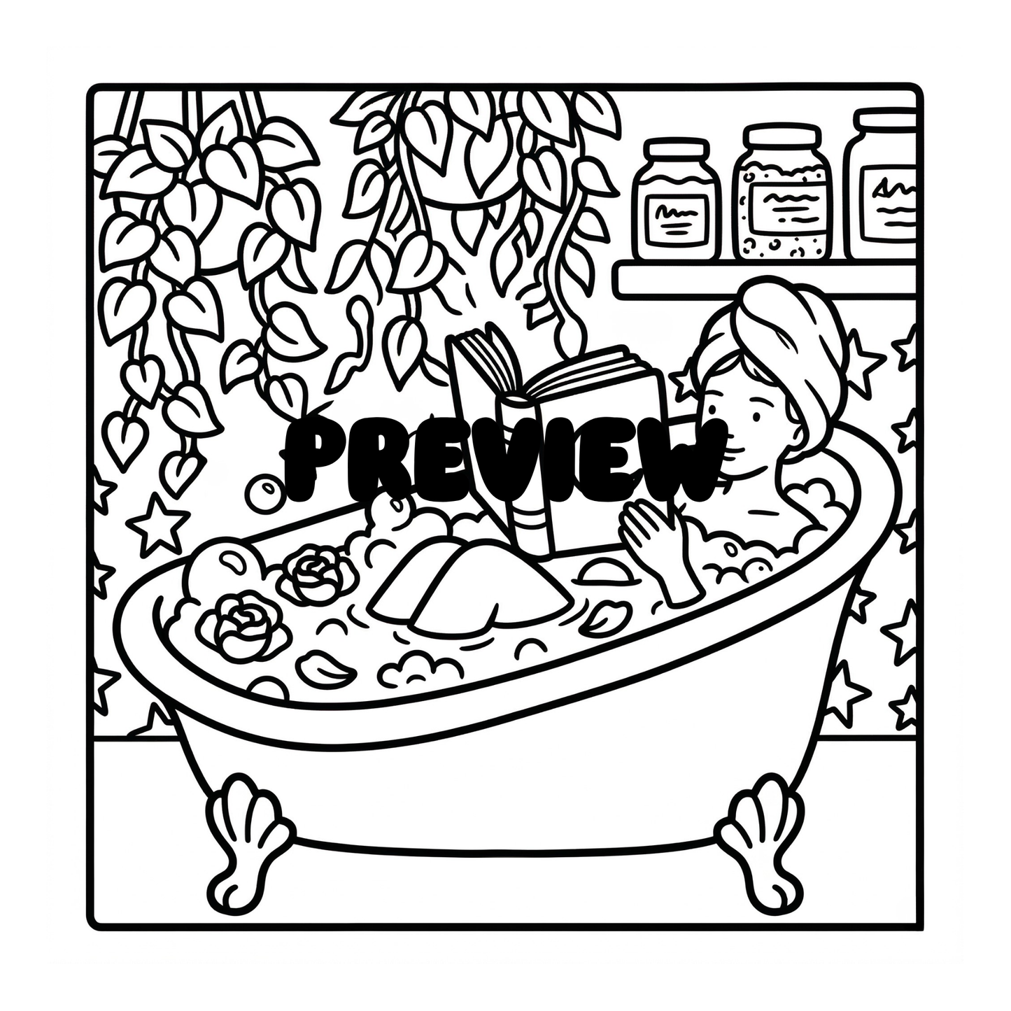 Black and white illustration of a person reading a book in a bathtub with flowers and books.