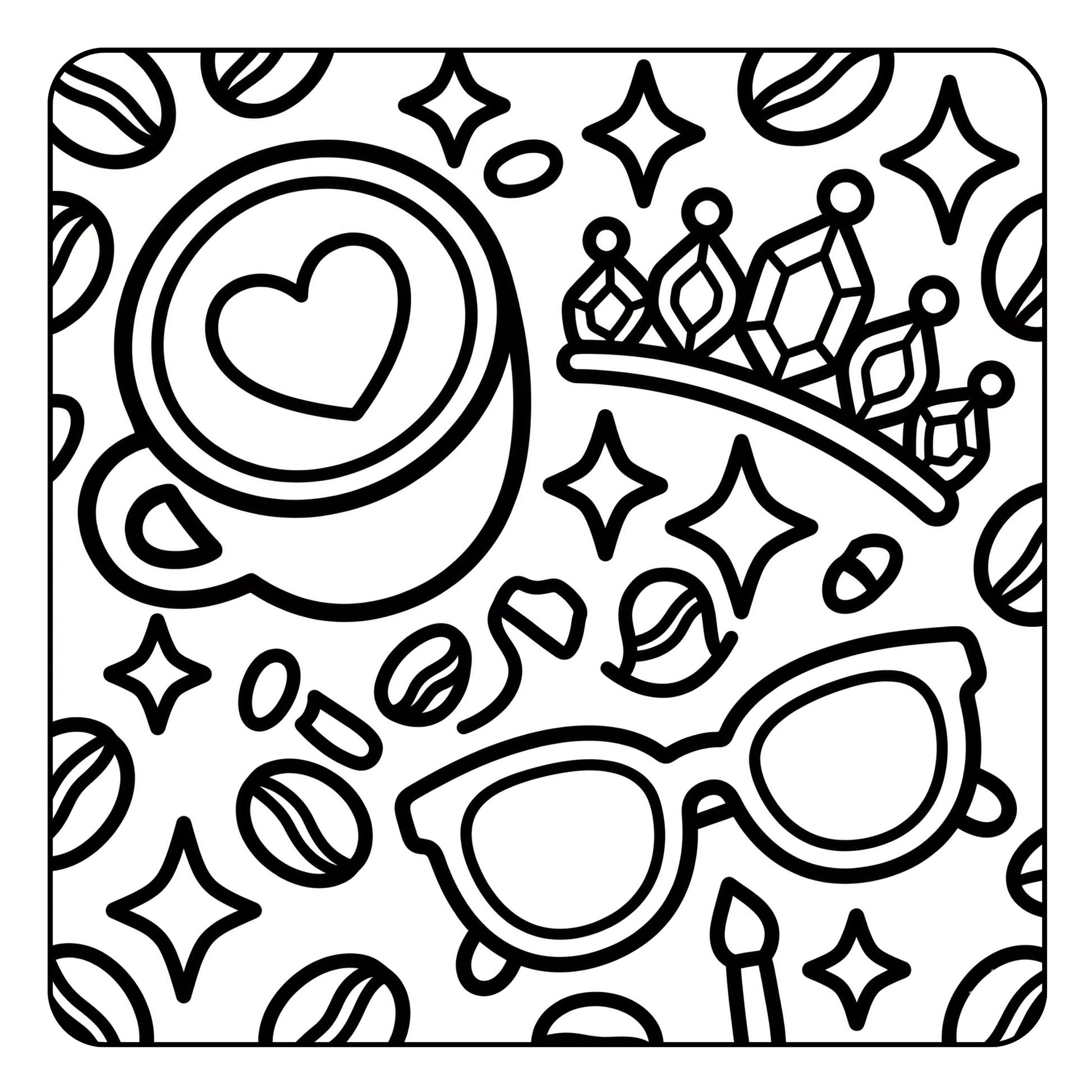 Coloring page with black line art including a heart, coffee cup, tiara, and sunglasses on a white background.