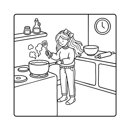 Black and white line art illustration of a girl cooking in a kitchen, stirring a pot on a stove. The kitchen features shelves with bottles, a bowl, a rolling pin, and a clock on the wall.