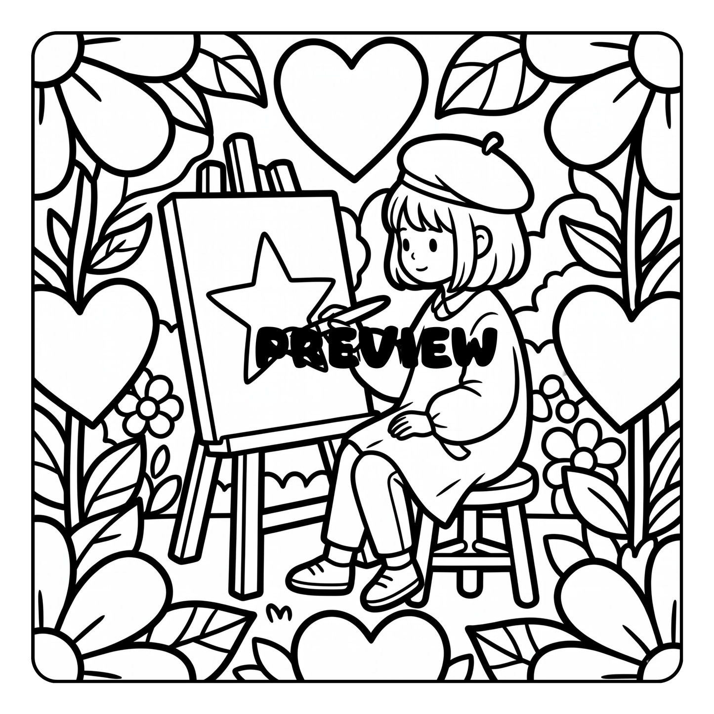 Coloring page with a girl painting a star on an easel surrounded by hearts and flowers by CMH Publishing.