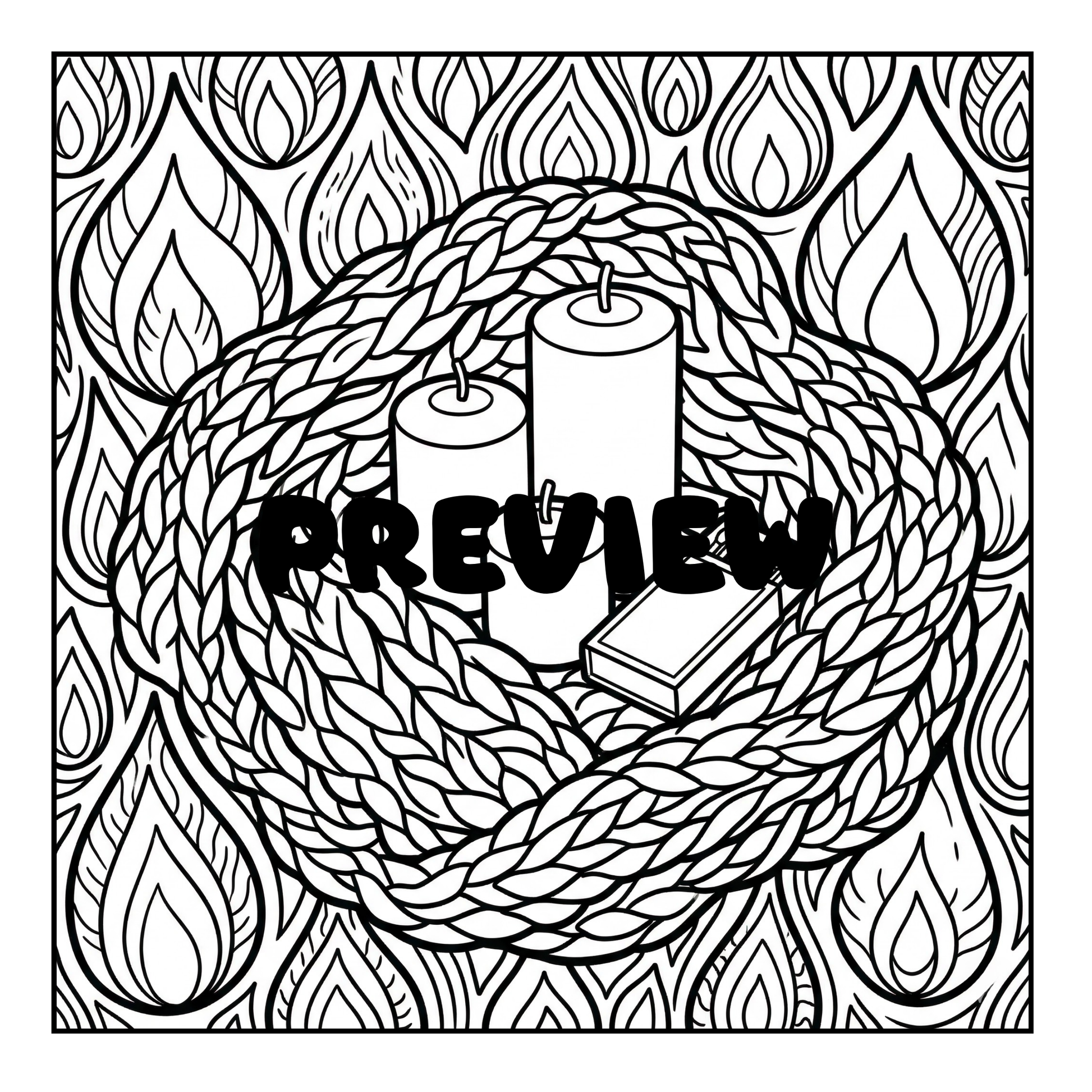 Black and white illustration of candles and a book with flame patterns, labeled 'PREVIEW'.