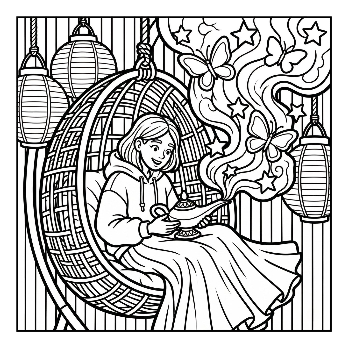 Coloring page with a girl sitting in a basket swing with a genie bottle surrounded by butterflies and stars.