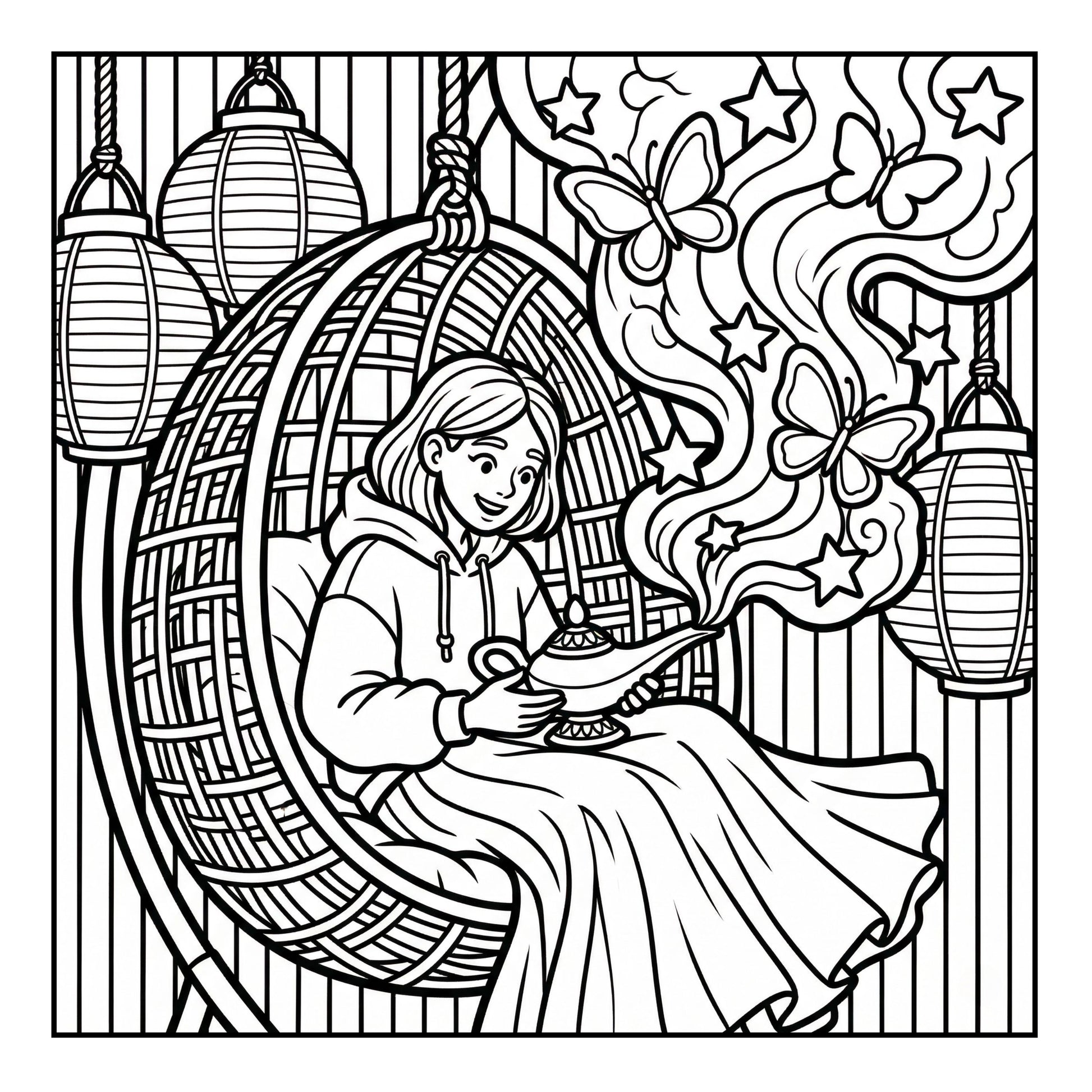 Coloring page with a girl sitting in a basket swing with a genie bottle surrounded by butterflies and stars.