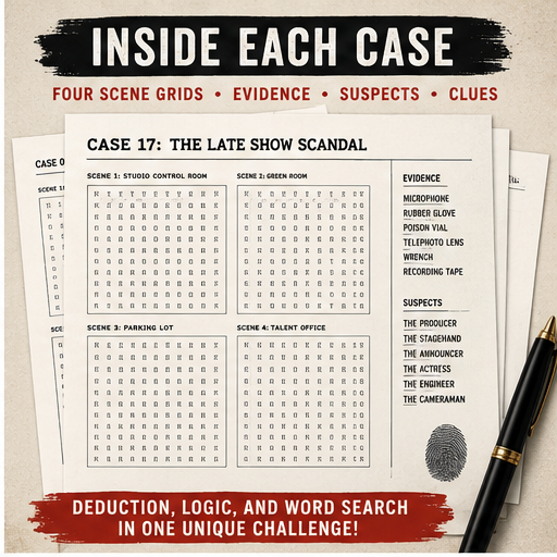 Crime Mystery Word Search, 50 Logic Deduction Puzzles for Adults, Printable Detective Game Book PDF