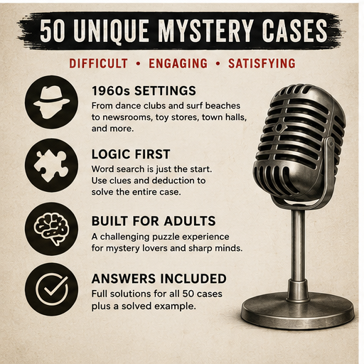 Crime Mystery Word Search, 50 Logic Deduction Puzzles for Adults, Printable Detective Game Book PDF