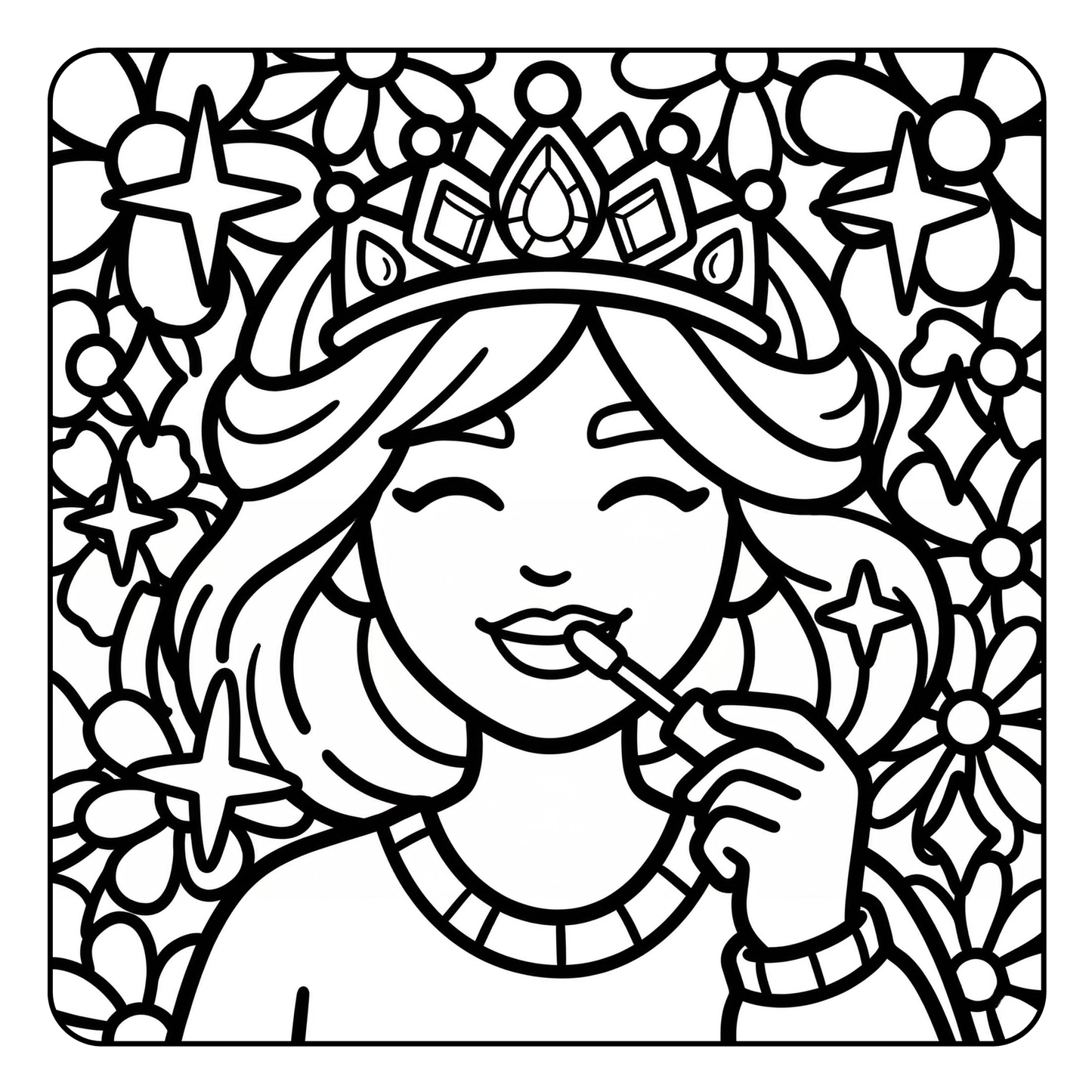 Black and white illustration of a character with a tiara and flowers, applying lip gloss
