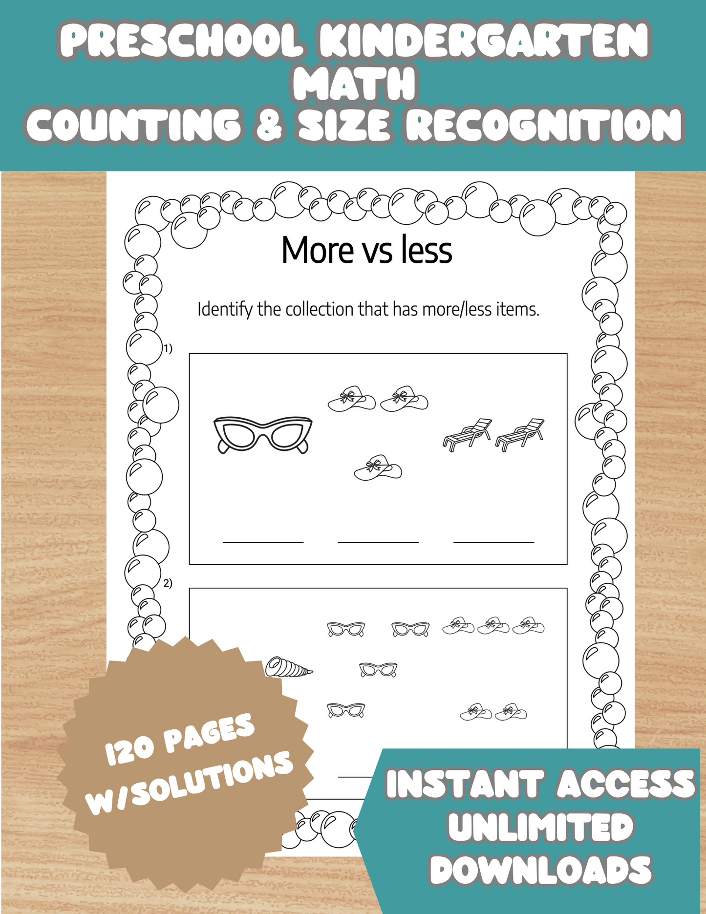 Preschool Kindergarten Worksheets | 120 Pages Book Learn Sizes More Less, Counting | Solutions Provided