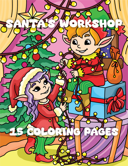 Santa’s Workshop Coloring Book | 15 Festive Christmas Pages for Kids | Printable Digital PDF