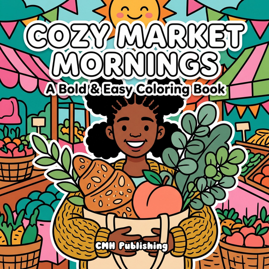 Cover of 'Cozy Coloring Book Market Mornings' — printable digital PDF coloring book by CMH Publishing