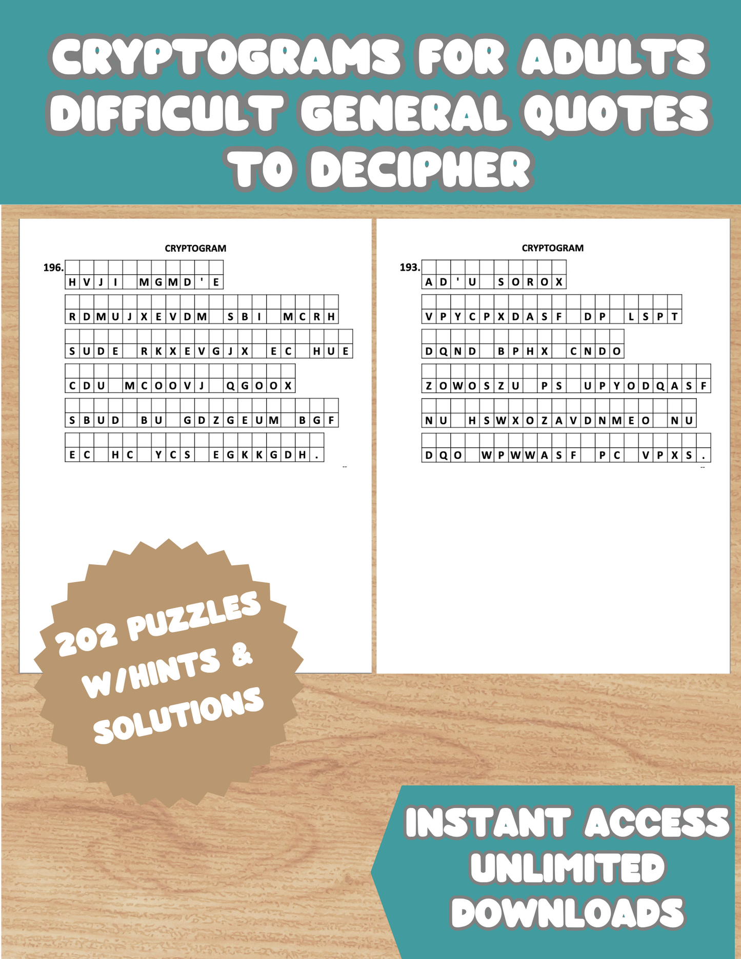 202 Cryptogram Puzzles, General Quotes for You to Decode, Printable Instant Download with Hints and Solutions