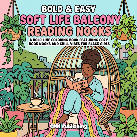 Coloring book cover with a woman reading on a balcony surrounded by plants, titled 'Bold & Easy Soft Life Balcony Reading Nooks' by CMH Publishing.