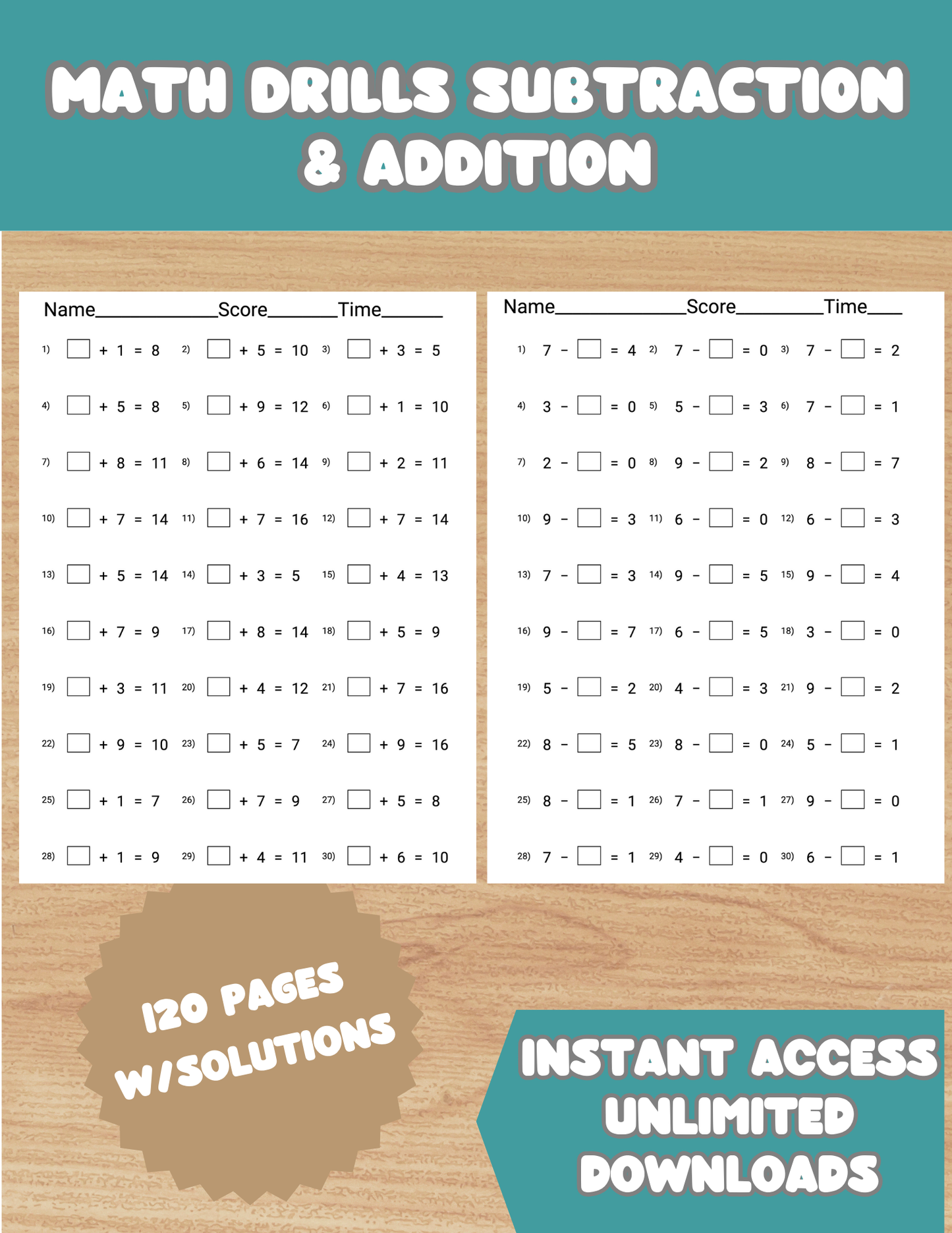 Addition and Subtraction Workbook, 1st 2nd Grade Timed Drill | Instant Printable Sheets Numbers 0 - 9 | Practice Counting Solutions Provided