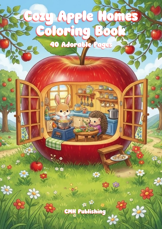 Cozy Homes Coloring Book (Printable PDF), 40 Cute Apple Cottages