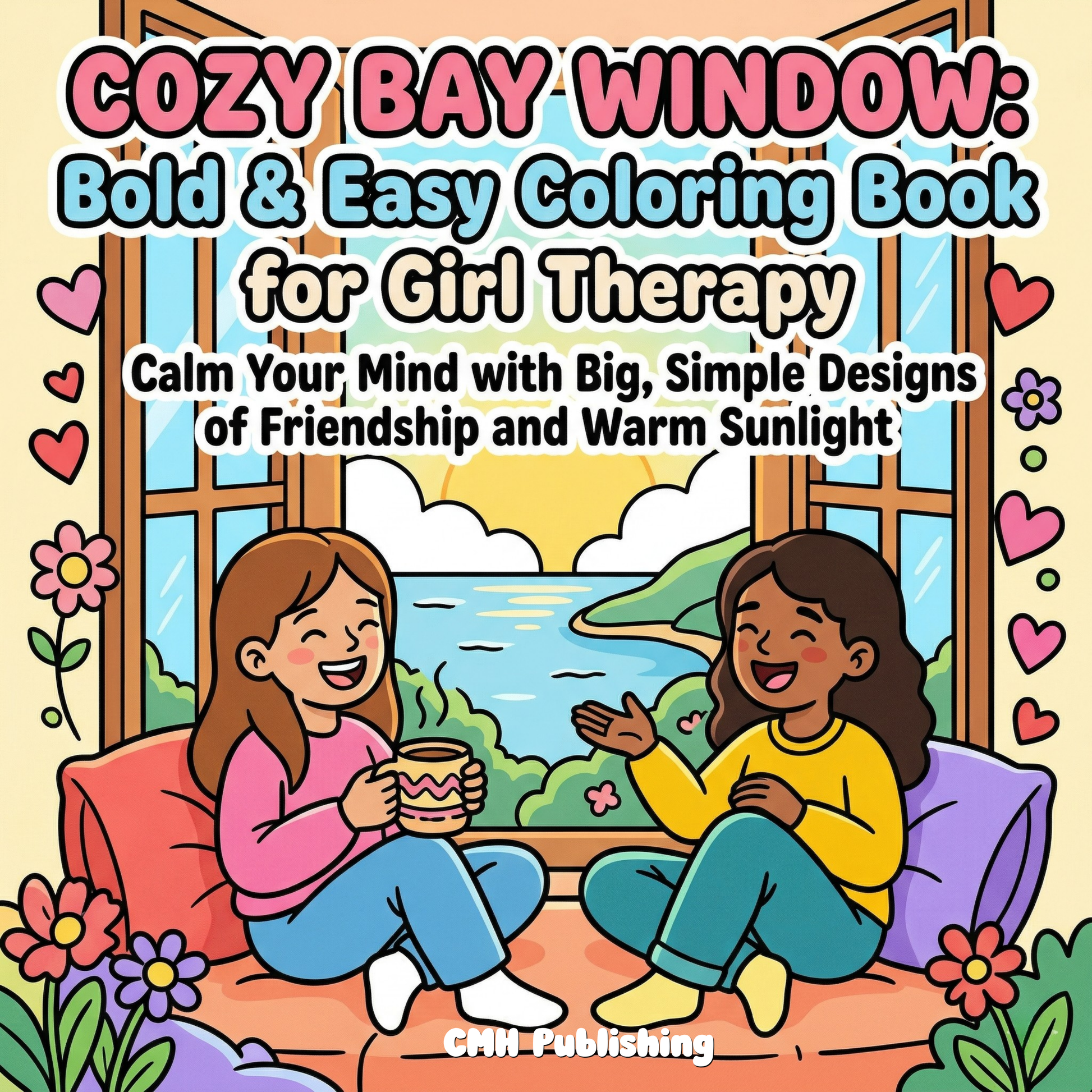 Cover of 'Cozy Bay Window: Bold & Easy PDF Coloring Book for Girl Therapy' — printable digital PDF by CMH Publishing