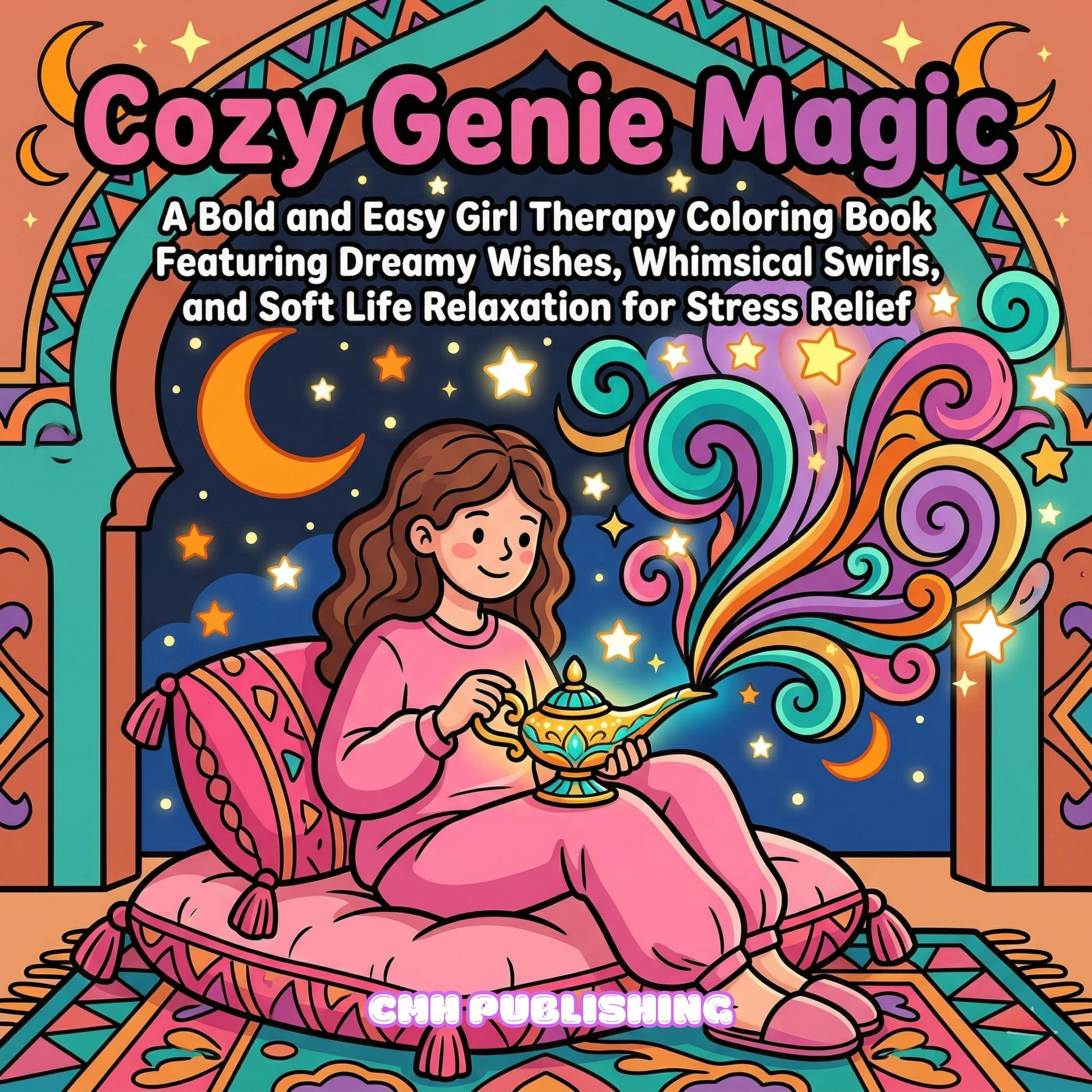 Cover of 'Cozy Genie Magic Bold and Easy Girl Therapy Coloring Book' — printable digital PDF by CMH Publishing