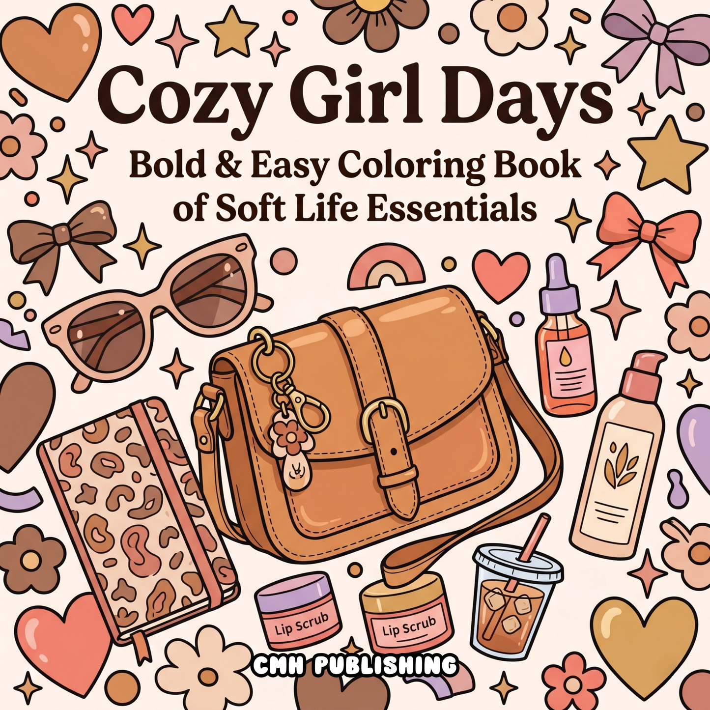 Colorful book cover of 'Cozy Girl Days' coloring book with illustrations of a handbag, sunglasses, and beauty products by CMH Publishing.