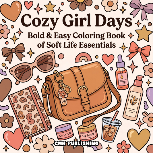 Colorful book cover of 'Cozy Girl Days' coloring book with illustrations of a handbag, sunglasses, and beauty products by CMH Publishing.