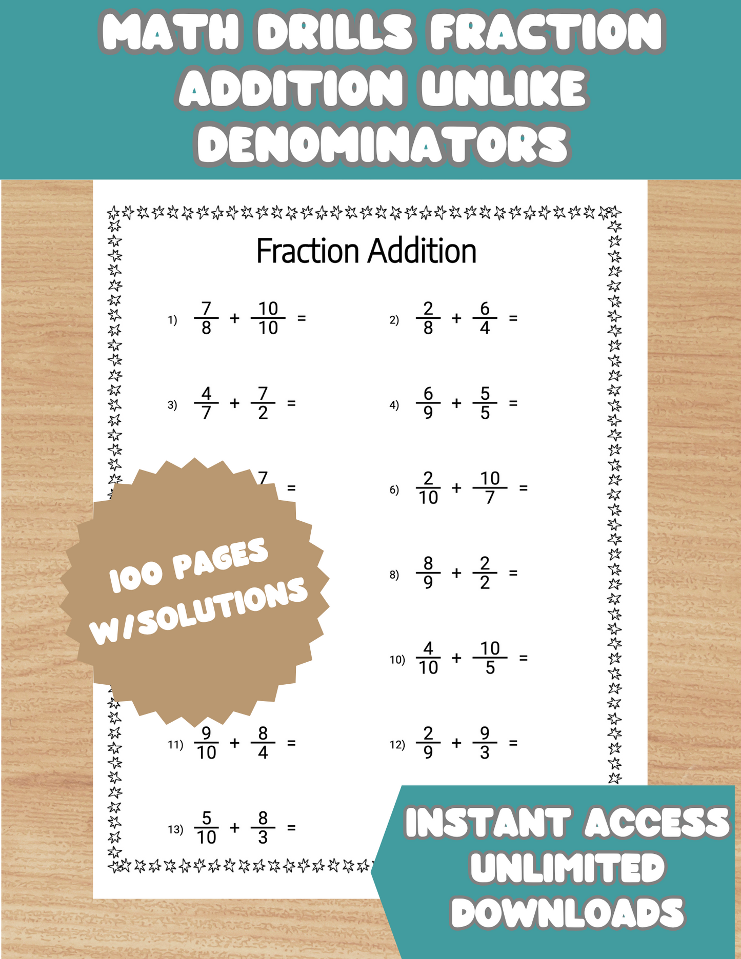 Adding Fraction Worksheet, 4th 5th Grade Math Printable Fractions Addition Math Pages Fraction with Unlike Denominators