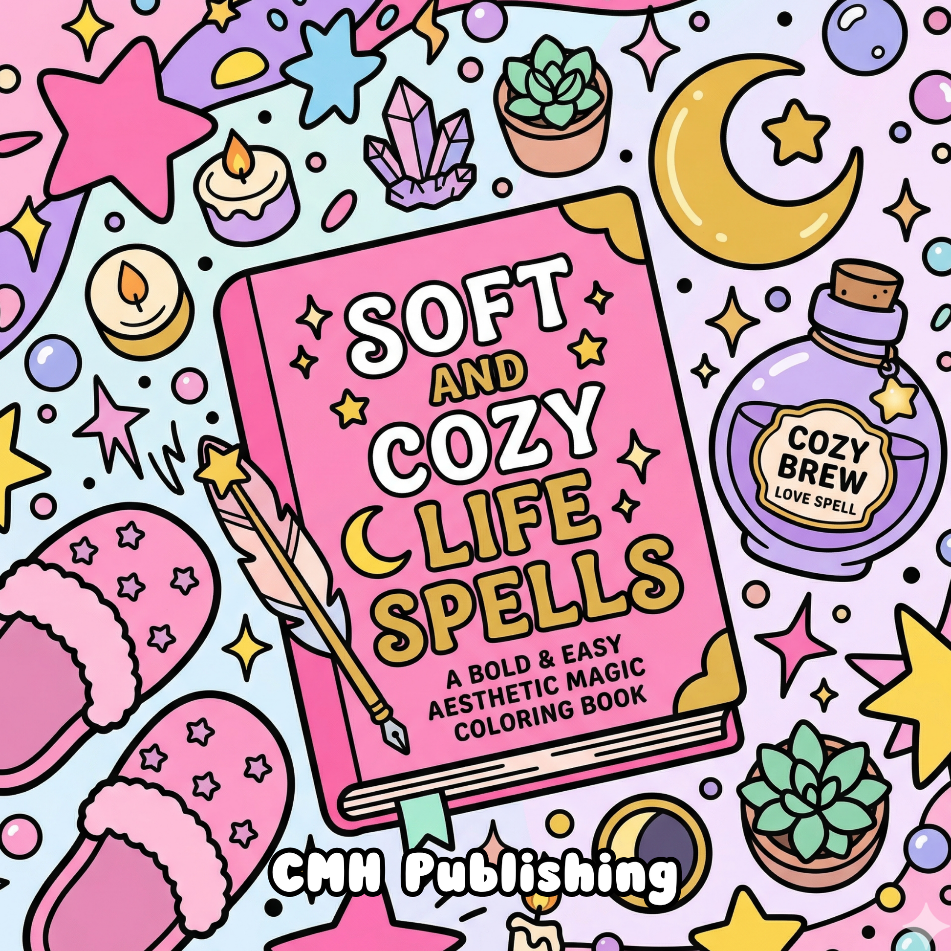 Cover of 'Soft and Cozy Life Spells Bold & Easy Coloring Book' — printable digital PDF by CMH Publishing