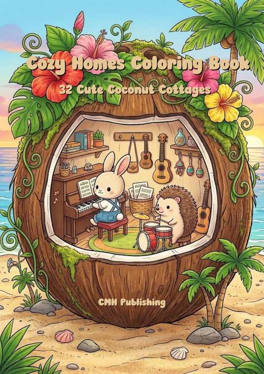Cozy Homes Coloring Book (Printable PDF), 32 Cute Coconut Cottages