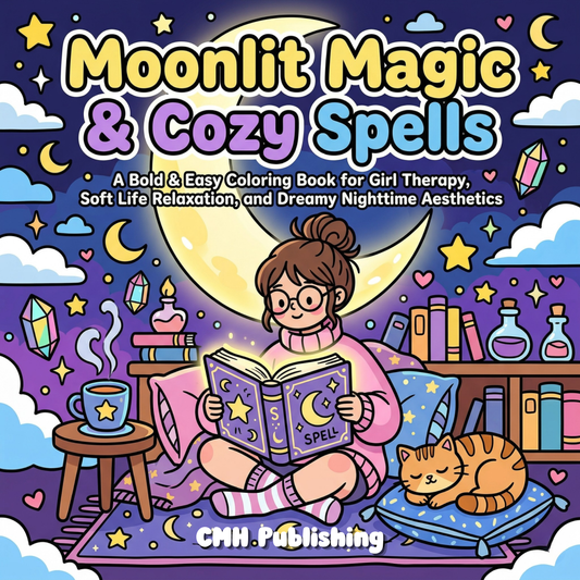 Cover of 'Moonlit Magic & Cozy Spells Bold & Easy Coloring Book' — printable digital PDF by CMH Publishing