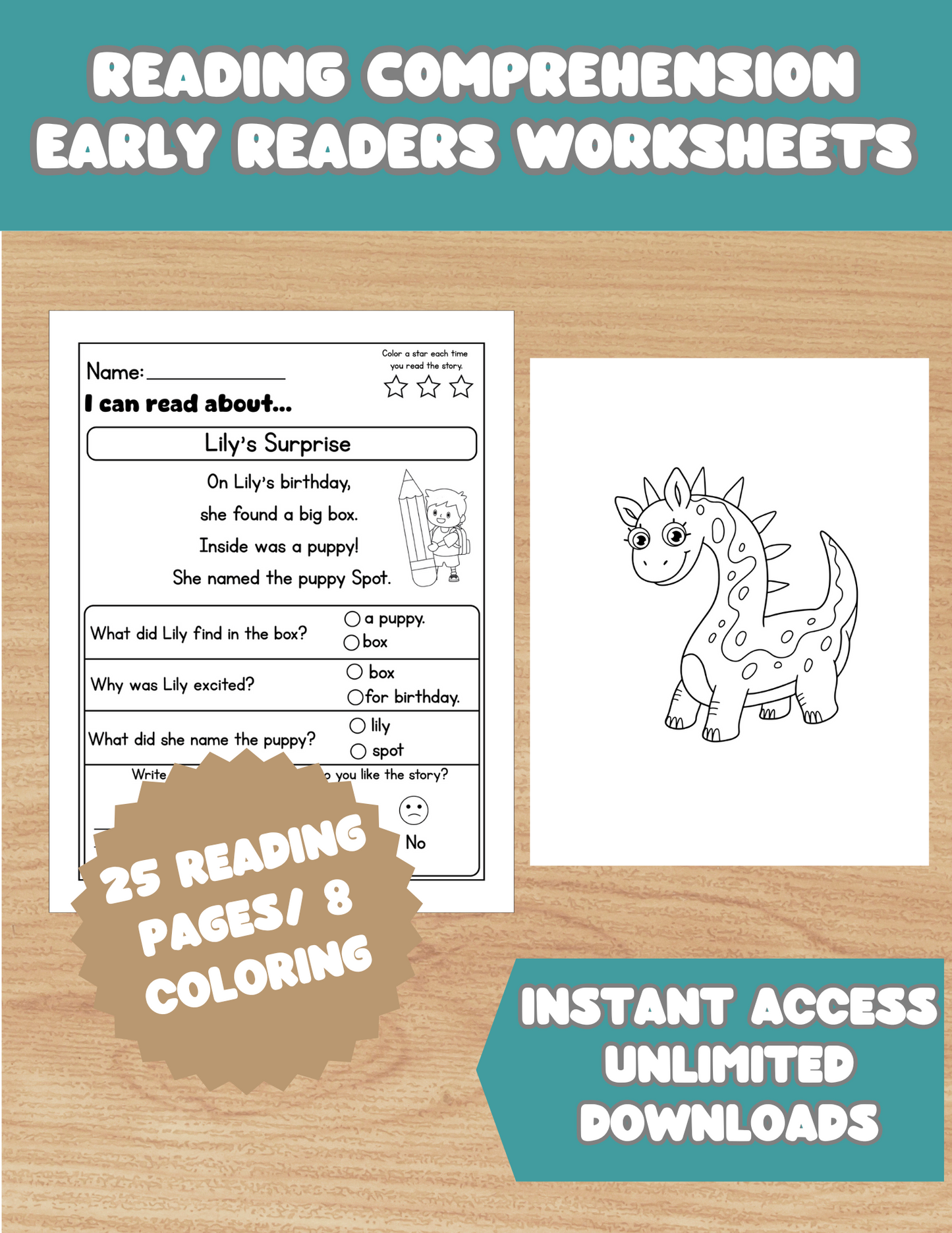 Reading Comprehension Worksheets for Early Readers, Stories with Questions, Coloring Activities, Kindergarten 1st Grade, Instant Digital PDF