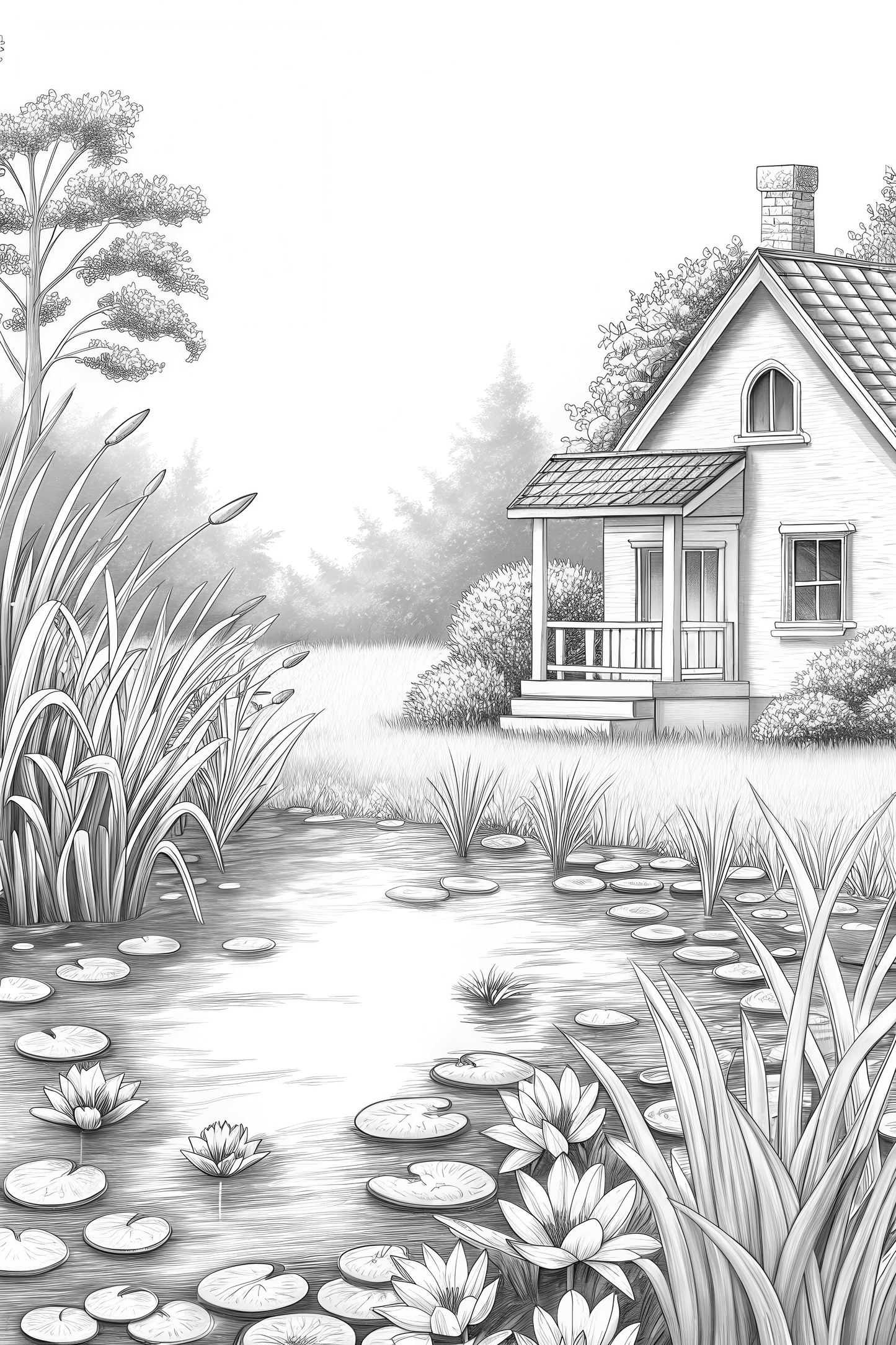 Country Homes & Gardens Grayscale Coloring Book for Adults, PDF Version