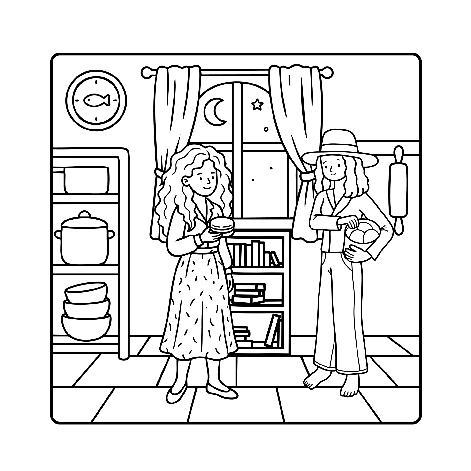 Black and white line art illustration of a cozy kitchen scene with two women standing by a window at night, one holding a bowl and the other holding a cat, with shelves, curtains, and kitchen items in the background.