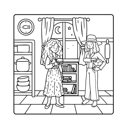 Black and white line art illustration of a cozy kitchen scene with two women standing by a window at night, one holding a bowl and the other holding a cat, with shelves, curtains, and kitchen items in the background.